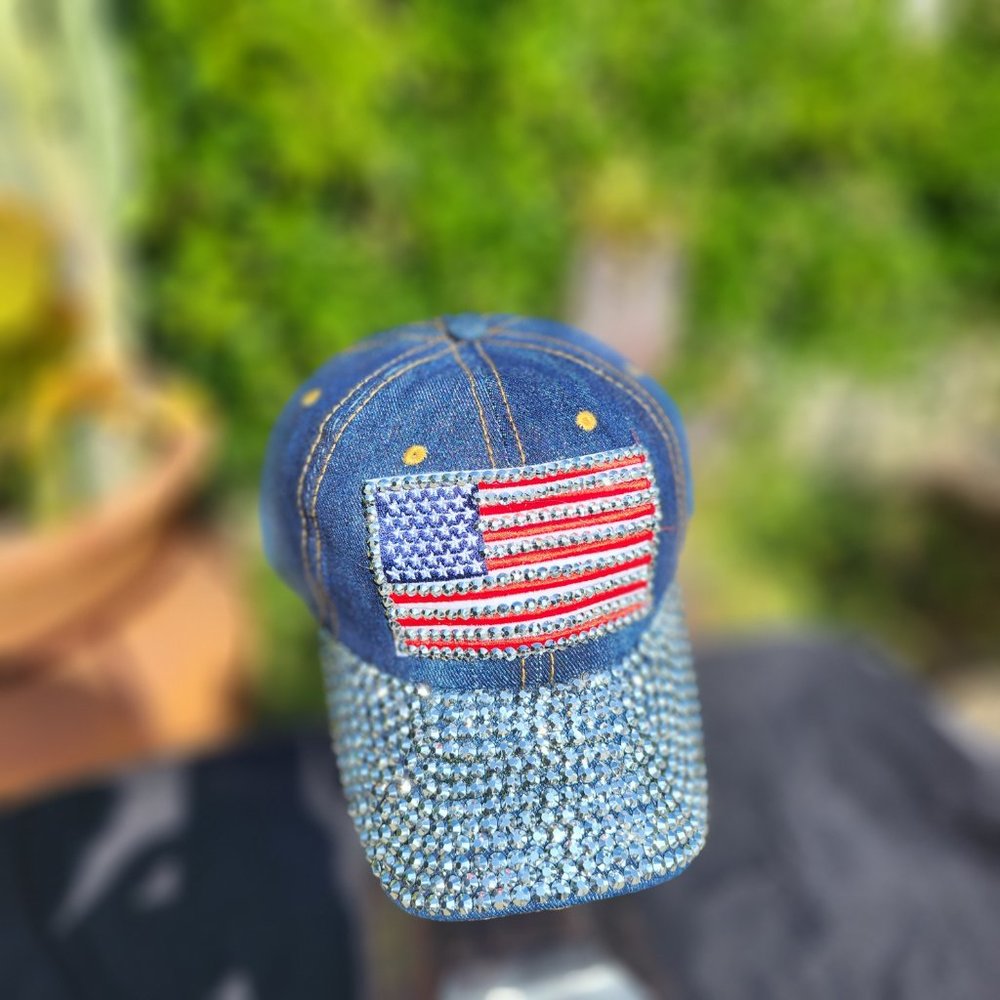 🔥SOLD🔥Women’s Bling Denim Patriotic Cap/Hat w/Crystal  Brim - Picture 2 of 5